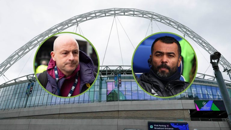 Exterior view of Wembley Stadium prior to the UEFA Champions League 2023/24 final match. Inset, Ashley Cole and Lee Carsley.
