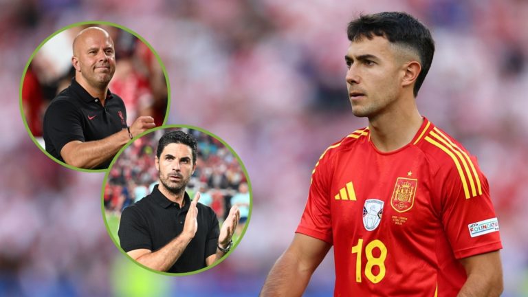 Martin Zubimendi of Spain during the UEFA EURO 2024 group stage match. Inset, Arne Slot and Mikel Arteta.