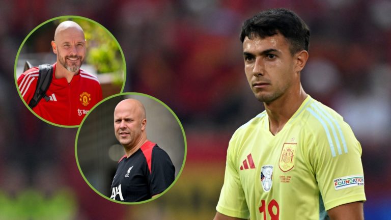 Martin Zubimendi of Spain during the UEFA EURO 2024 group B match between Albania and Spain. Inset, Arne Slot and Erik ten Hag.