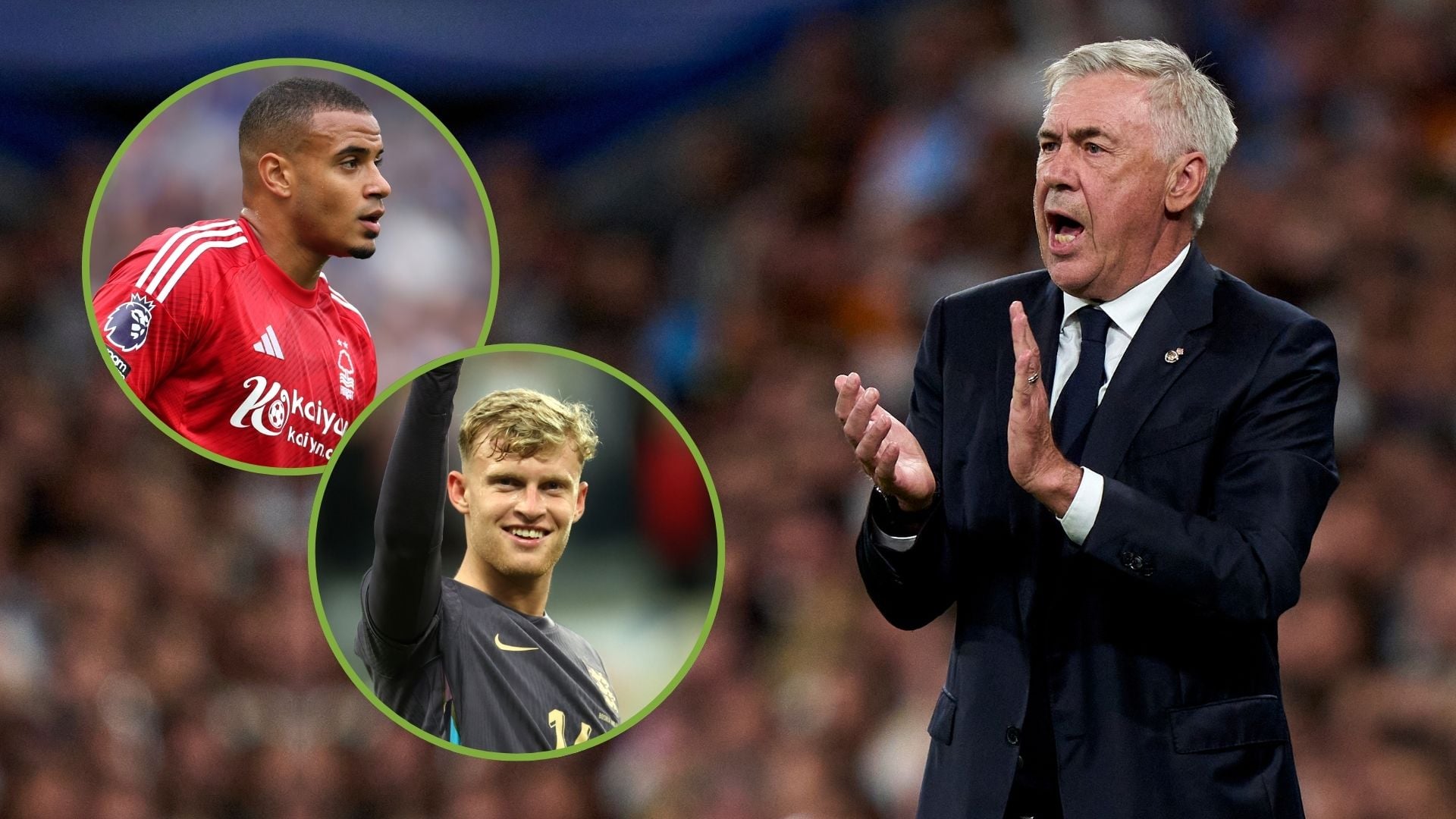 Carlos Ancelotti head coach of Real Madrid reacts during the LaLiga match between Real Madrid CF and RCD Espanyol de Barcelona. Inset, Murillo of N...