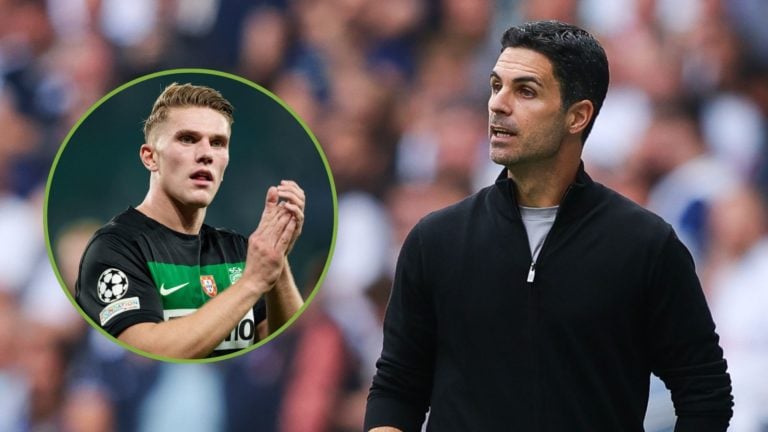 Mikel Arteta, manager of Arsenal, during the Premier League match. Inset, Viktor Gyokeres.