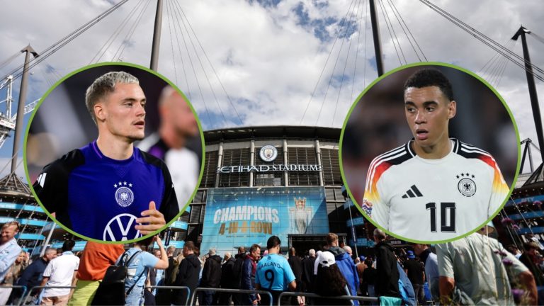General view outside the stadium prior to the Premier League match between Manchester City FC and Ipswich Town FC at Etihad Stadium. Inset, Florian...