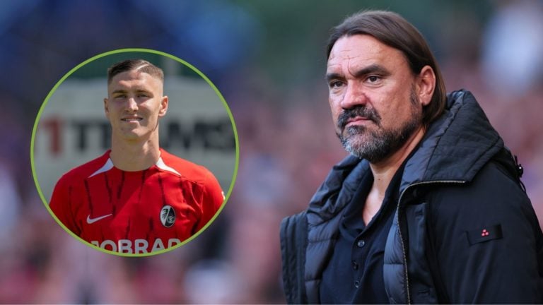 Daniel Farke the head coach / manager of Leeds United during the Sky Bet Championship match. Inset, Roland Sallai.