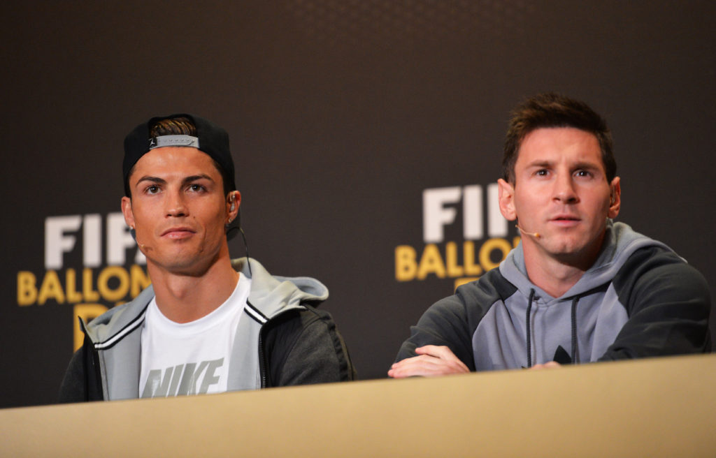 FIFA Ballon d'Or nominees (L-R) Cristiano Ronaldo of Portugal and Real Madrid and Lionel Messi of Argentina and Barcelona attend a press conference prior to the FIFA Ballon d'Or Gala 2013 at the Kongresshaus.