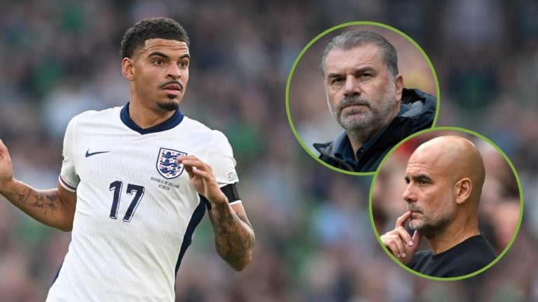 Morgan Gibbs-White of England in action during the UEFA Nations League 2024/25 League B Group B2 match. Inset, Pep Guardiola and Ange Postecoglou.