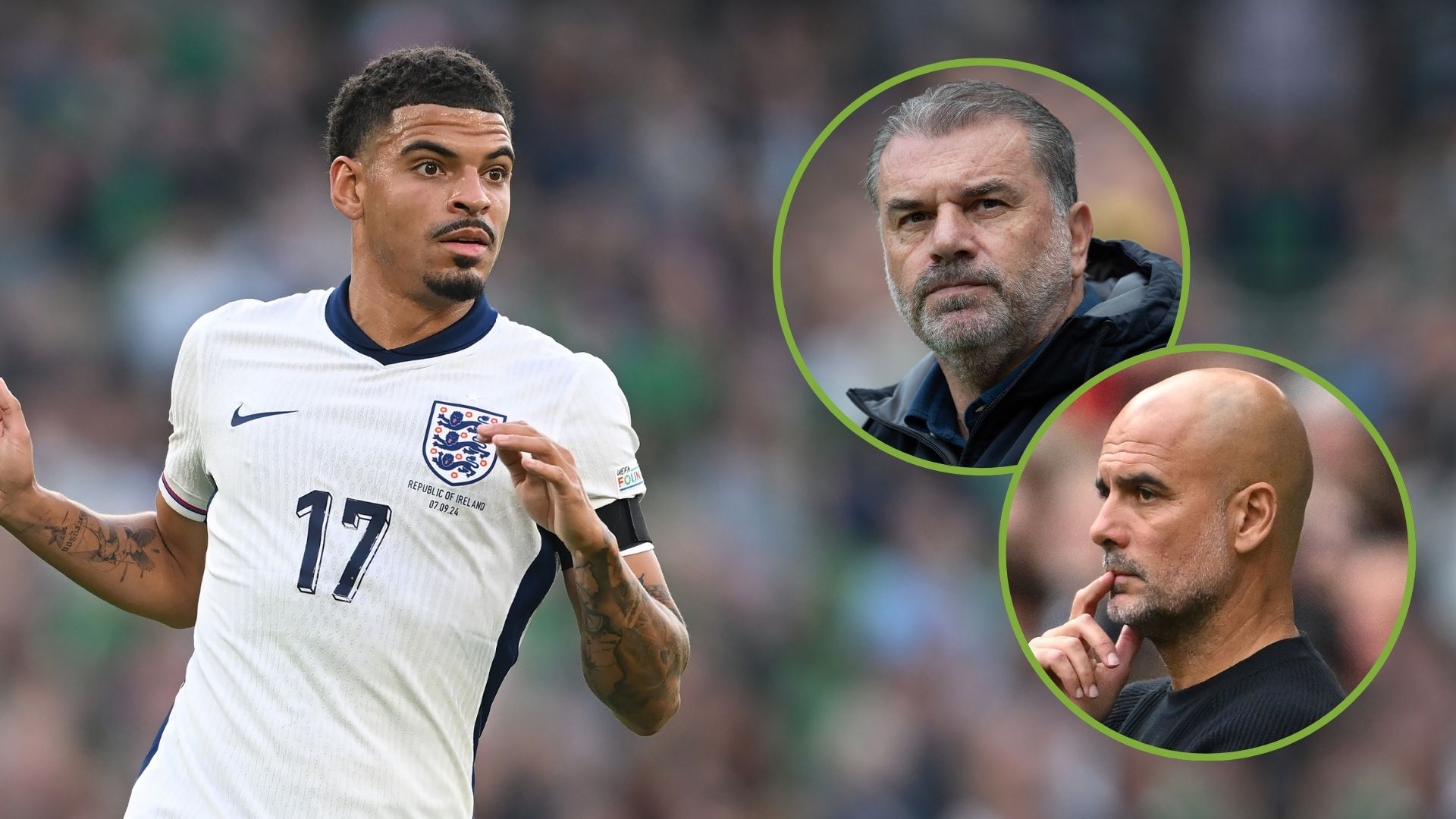 Morgan Gibbs-White of England in action during the UEFA Nations League 2024/25 League B Group B2 match. Inset, Pep Guardiola and Ange Postecoglou.