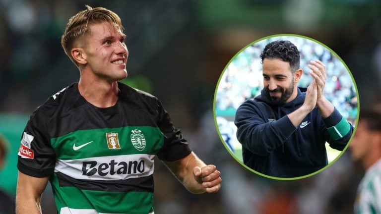 Viktor Gyokeres of Sporting CP celebrates scoring Sporting CP third goal. Inset, Ruben Amorim.