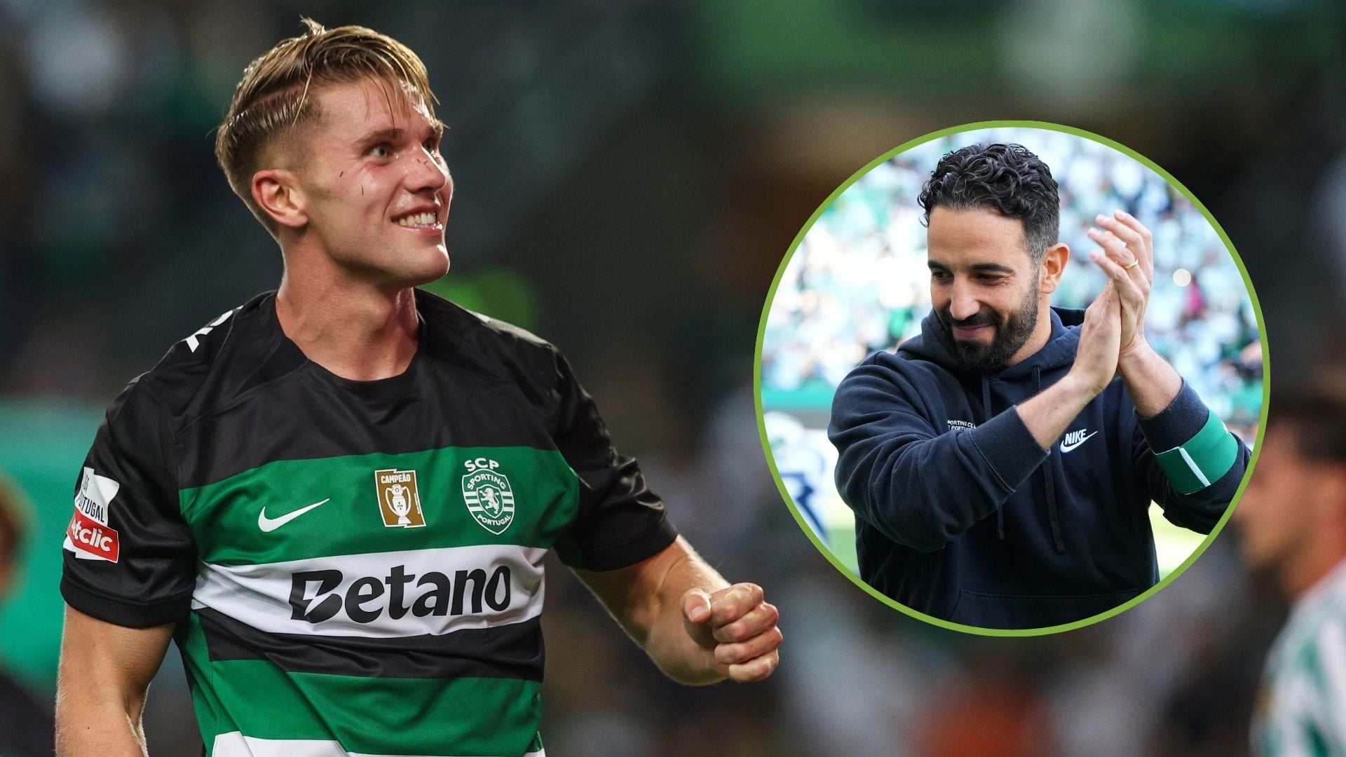 Viktor Gyokeres of Sporting CP celebrates scoring Sporting CP third goal. Inset, Ruben Amorim.