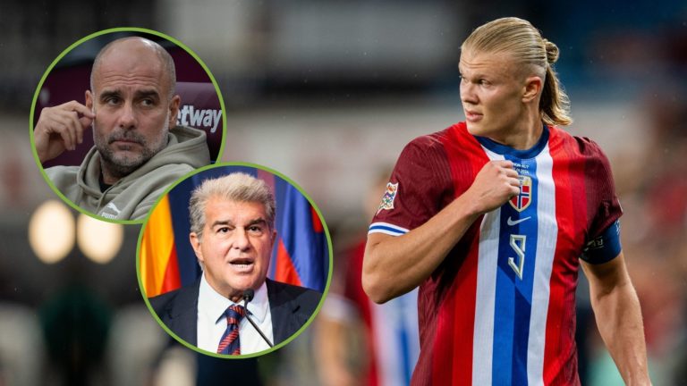 Erling Haaland of Norway gestures during the UEFA Nations League 2024/25 League B Group B3 match. Inset, Pep Guardiola and Joan Laporta.
