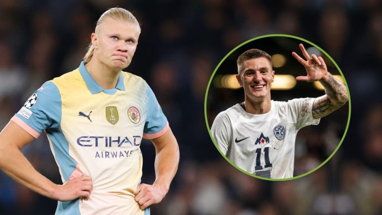 Erling Haaland of Manchester City looks dejected during the UEFA Champions League 2024/25 League Phase MD1 match. Inset, Benjamin Sesko.
