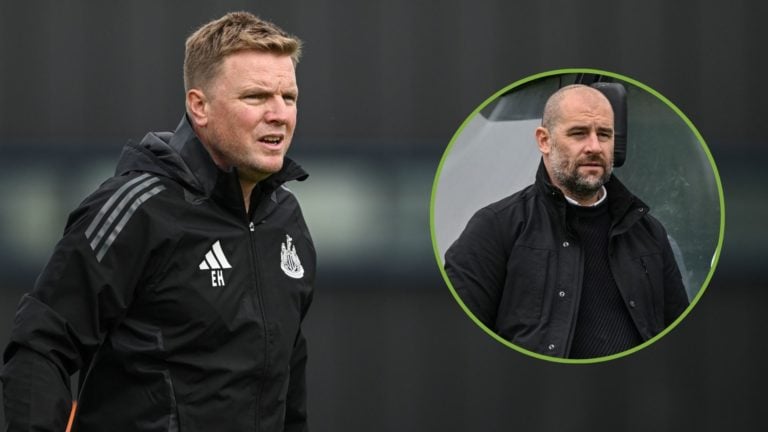 Newcastle United Head Coach Eddie Howe during the Newcastle United Training Session. Inset, Paul Mitchell.
