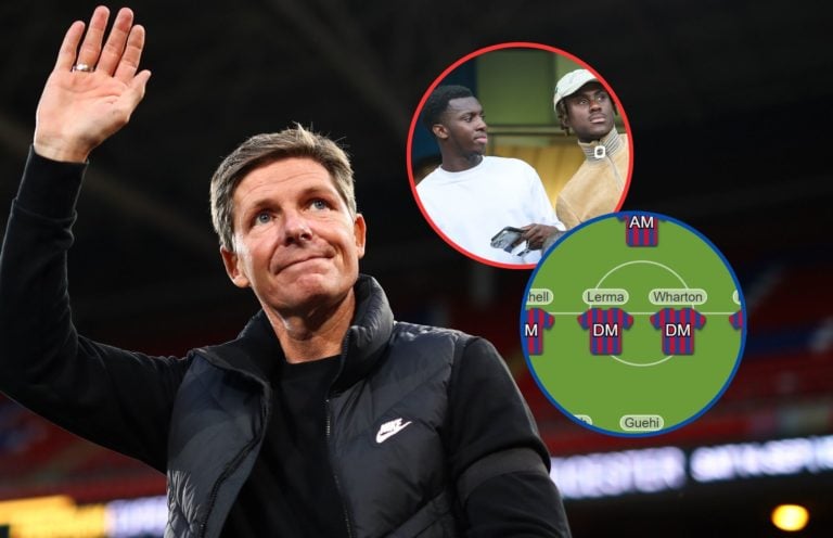 Collage of Oliver Glasner, Trevoh Chalobah and Eddie Nketiah and Crystal Palace team.