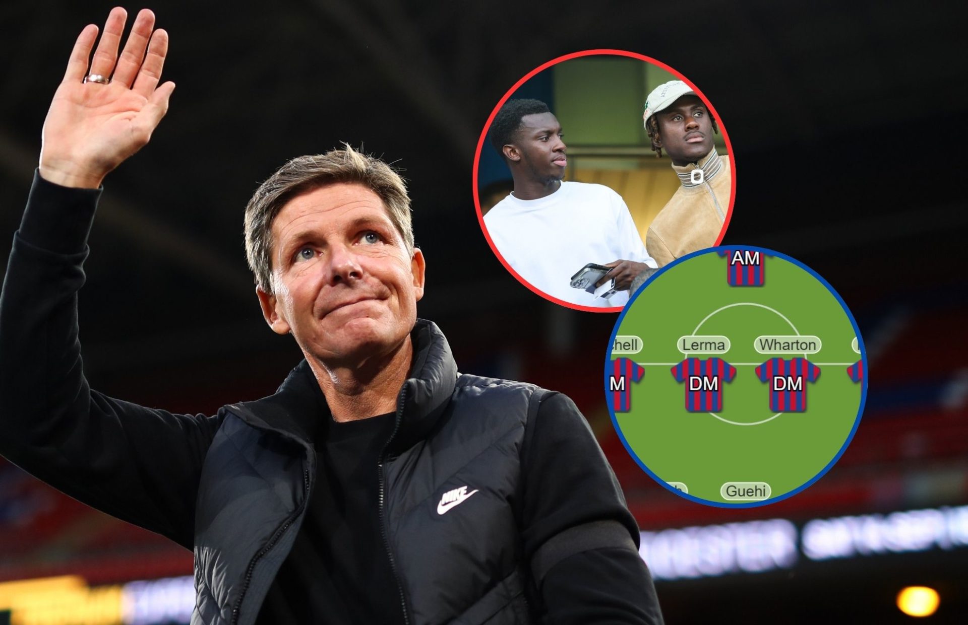 Collage of Oliver Glasner, Trevoh Chalobah and Eddie Nketiah and Crystal Palace team.