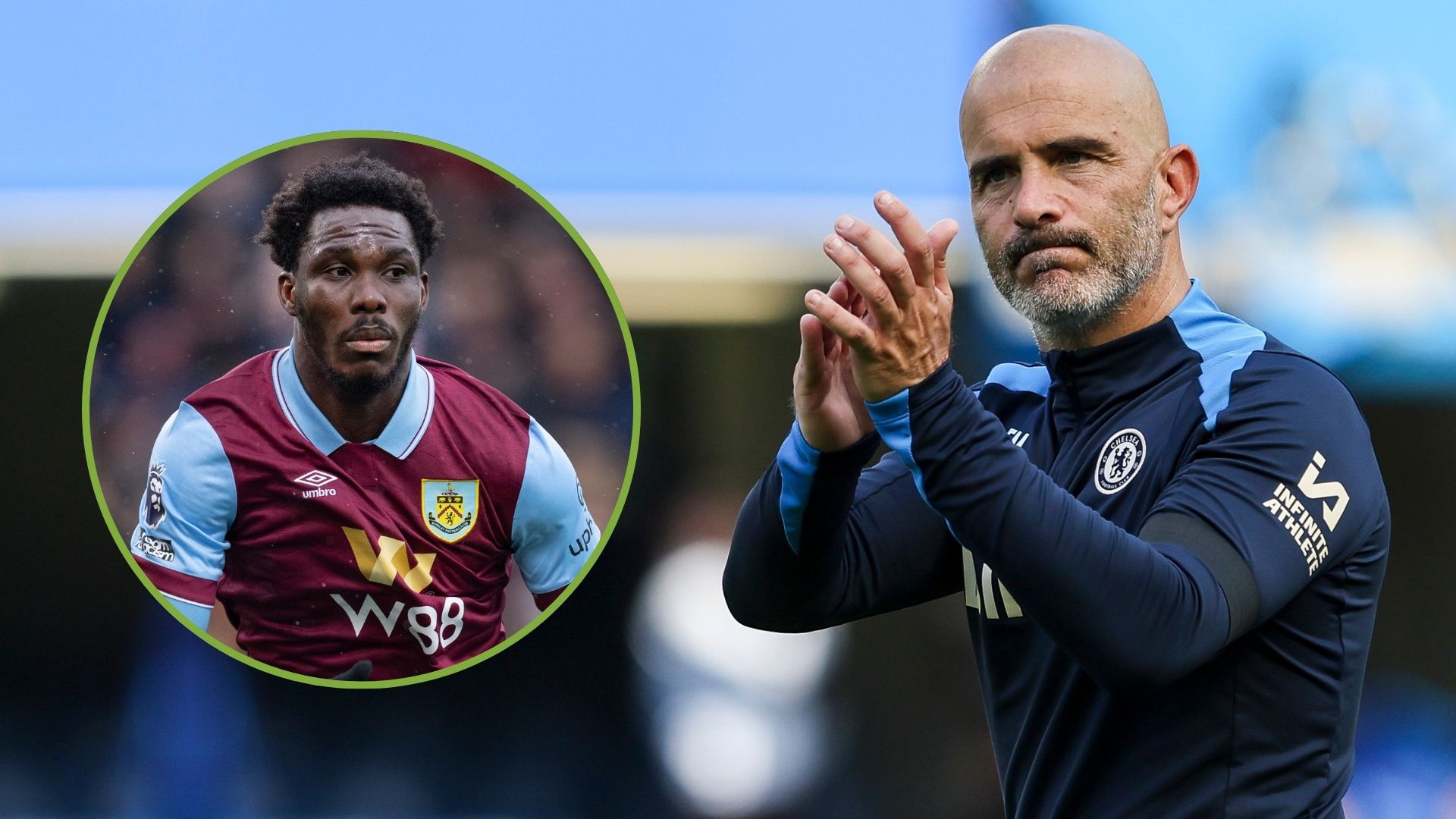 Head Coach Enzo Maresca of Chelsea after his sides 1-1 draw during the Premier League match. Inset, David Fofana of Burnley.