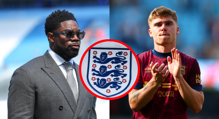 A compilation of images featuring Micah Richards, Leif Davis and an England badge.