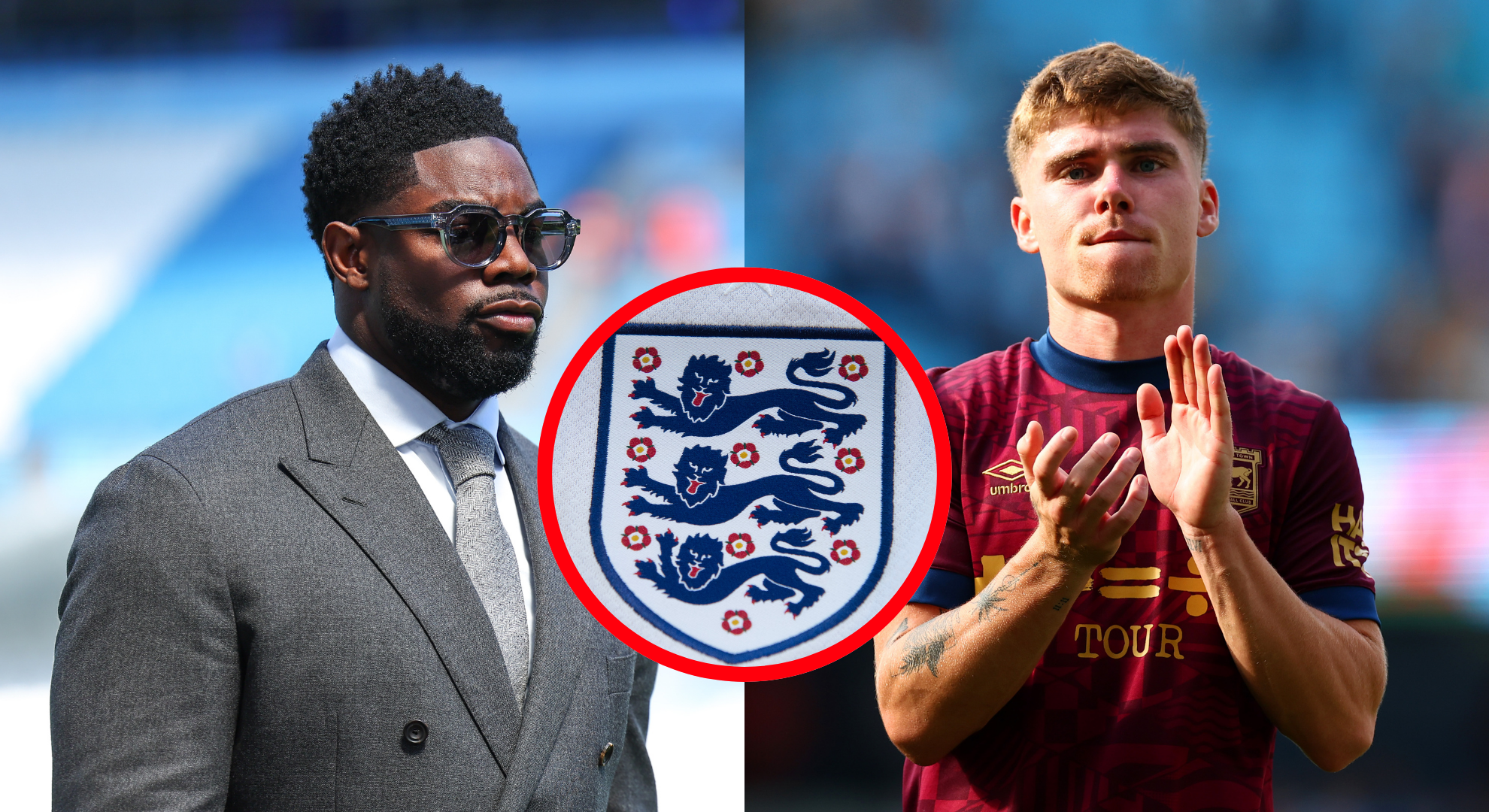 A compilation of images featuring Micah Richards, Leif Davis and an England badge.