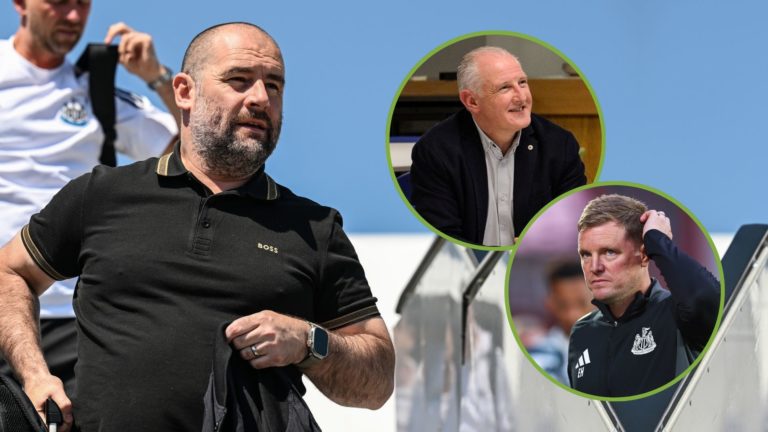 Newcastle United Sporting Director Paul Mitchell arrives at the Nuremberg airport. Inset, Eddie Howe and Steve Nickson.