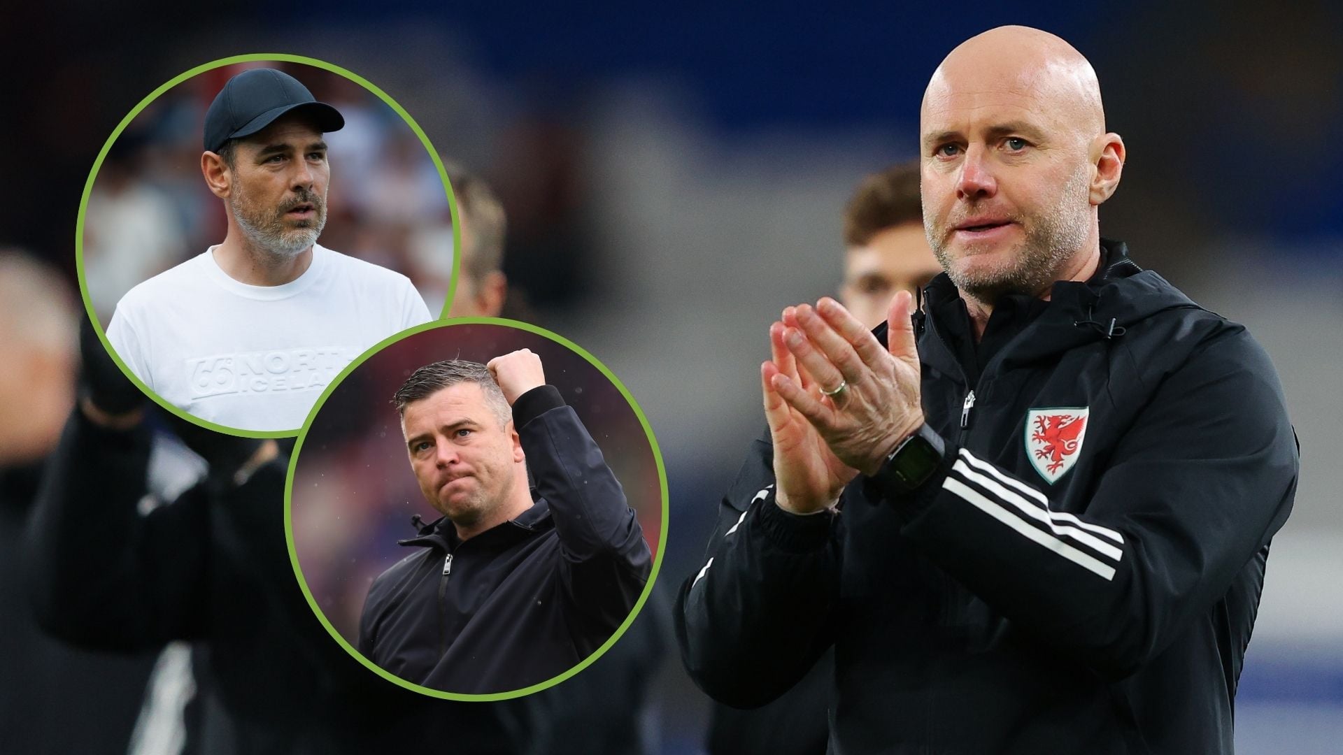 Robert Page, manager of Wales, during the UEFA EURO 2024 European qualifier match. Inset, Steven Schumacher and Freyr Alexandersson.