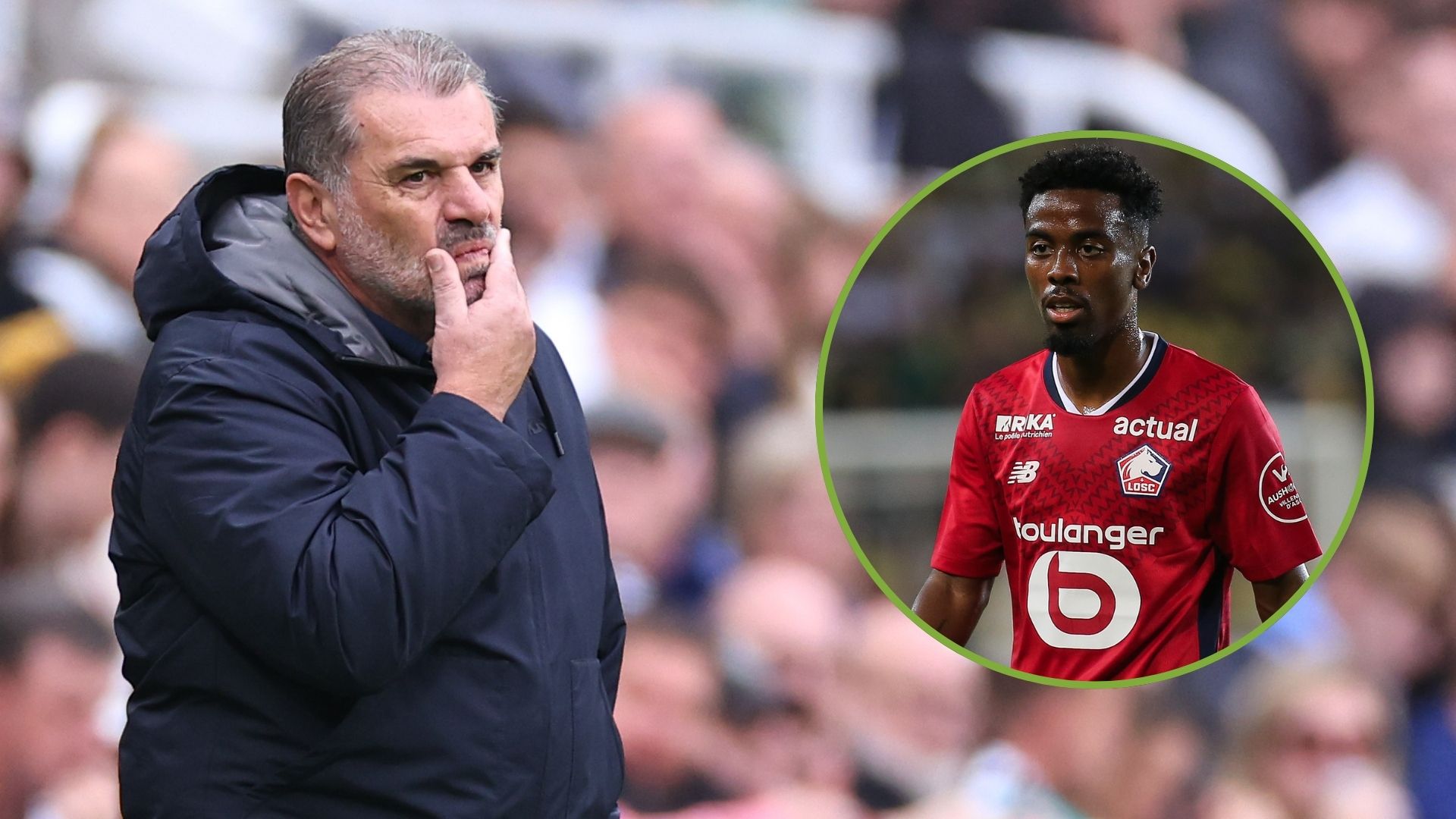 Ange Postecoglou manager / head coach of Tottenham Hotspur reacts during the Premier League match. Inset, Angel Gomes.