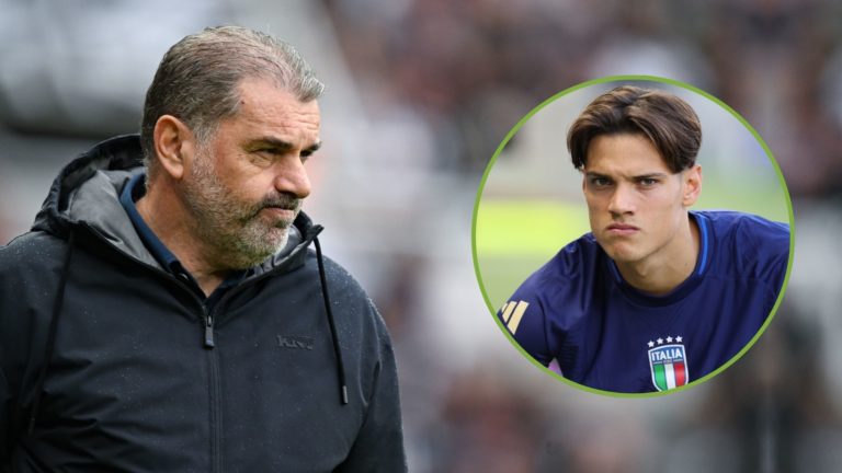 Tottenham Hotspur manager Ange Postecoglou looks on from the sidelines during the Premier League match. Inset, Samuele Ricci.