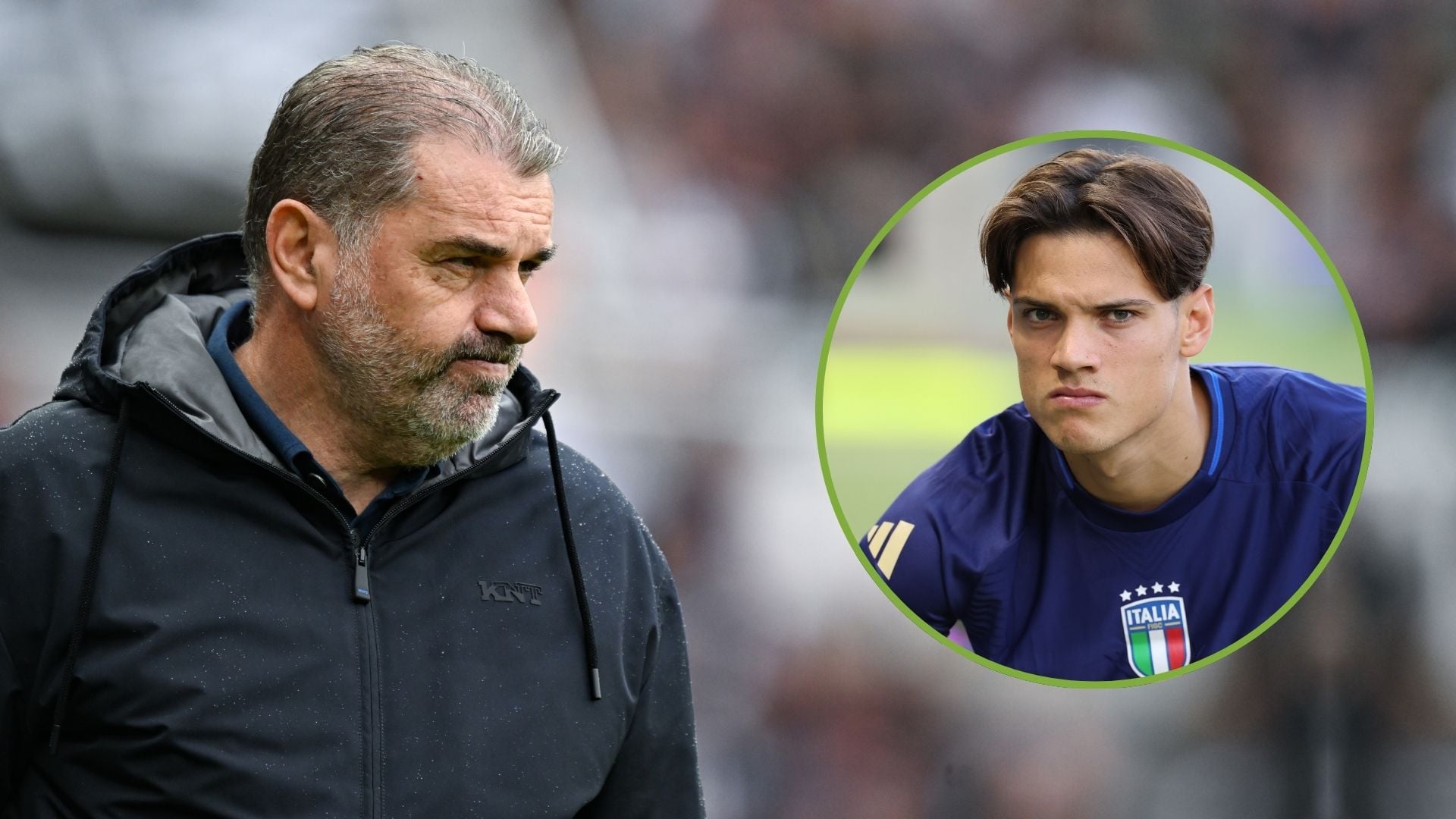 Tottenham Hotspur manager Ange Postecoglou looks on from the sidelines during the Premier League match. Inset, Samuele Ricci.