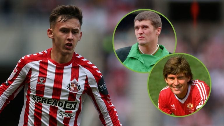 Sunderland's Chris Rigg during the Sky Bet Championship match. Inset, Roy Keane and Bryan Robson.