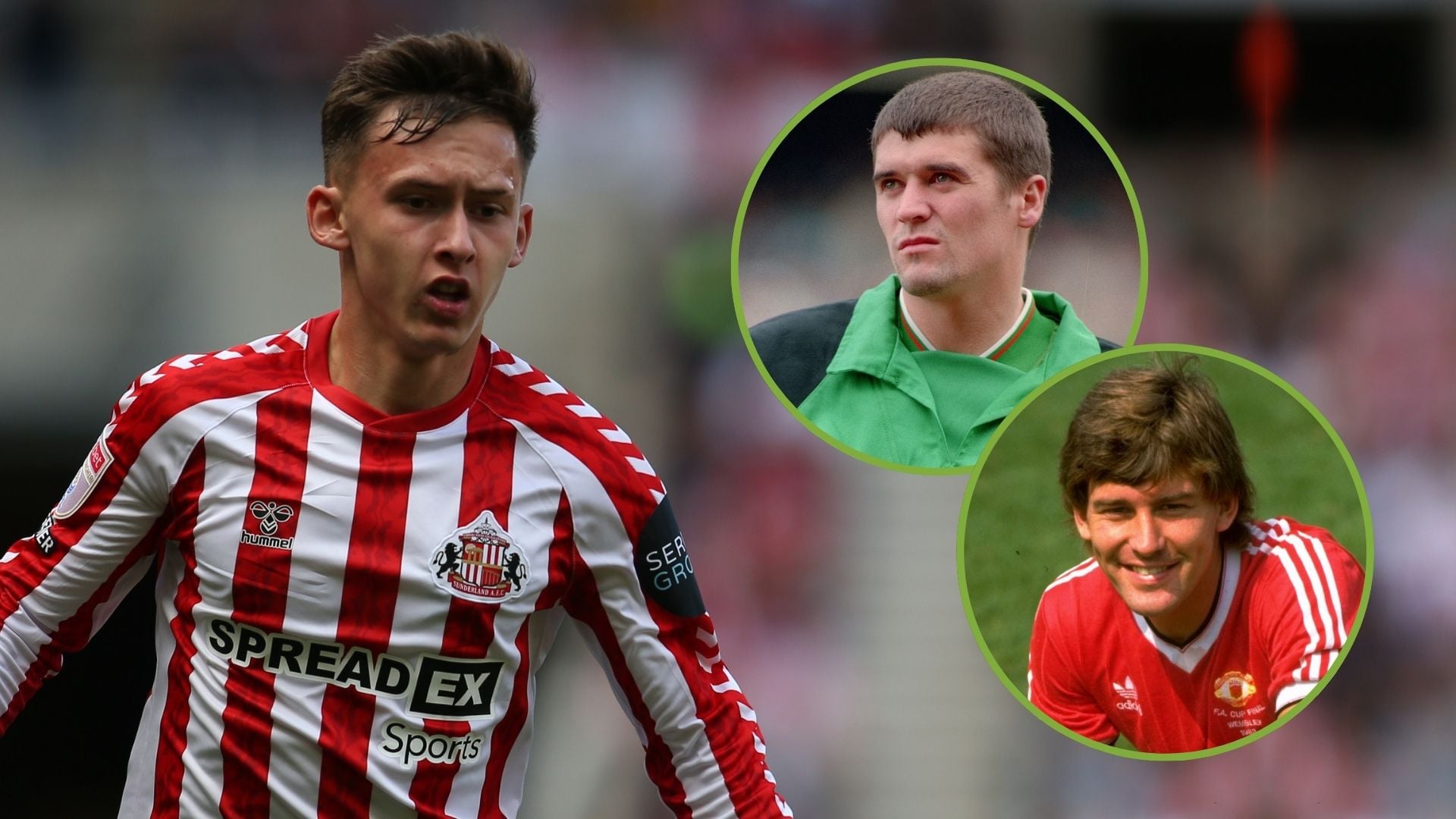Sunderland's Chris Rigg during the Sky Bet Championship match. Inset, Roy Keane and Bryan Robson.