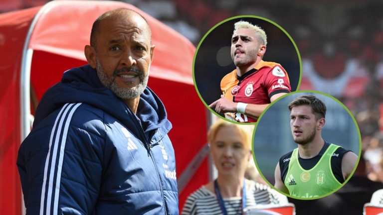Nuno Espirito Santo, Nottingham Forest head coach, during the Premier League match. Inset, Baris Alper Yilmaz and Semih Kilicsoy.
