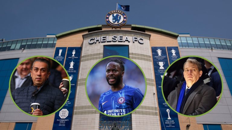A general view of the outside of Stamford Bridge before the Premier League match. Inset, Raheem Sterling, Behdad Eghbali, and Todd Boehly.