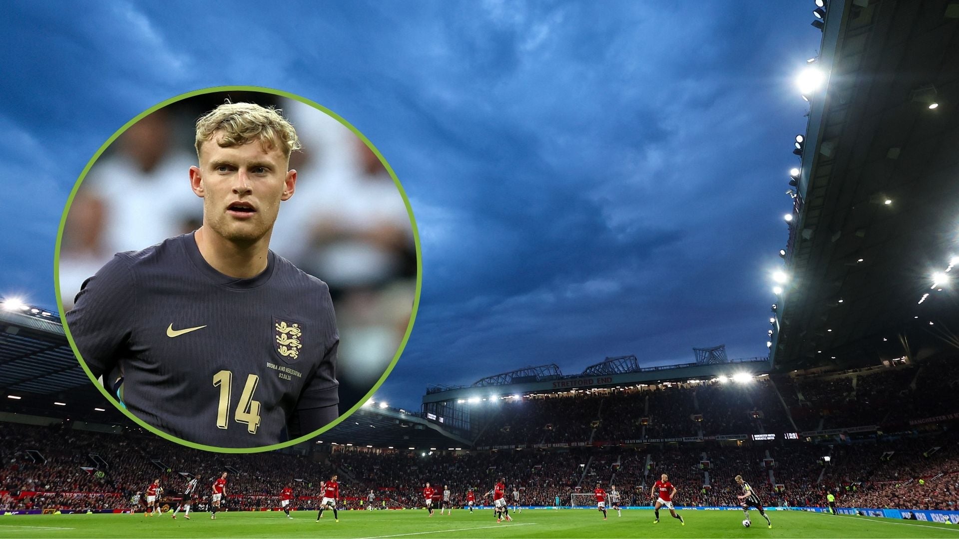 A general interior view of match action at Old Trafford under dusk skies during the Premier League match. Inset, Jarrad Branthwaite.