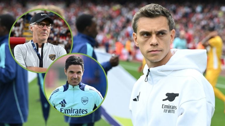 Leandro Trossard of Arsenal before the Premier League match. Inset, Mikel Arteta and Laurent Blanc.