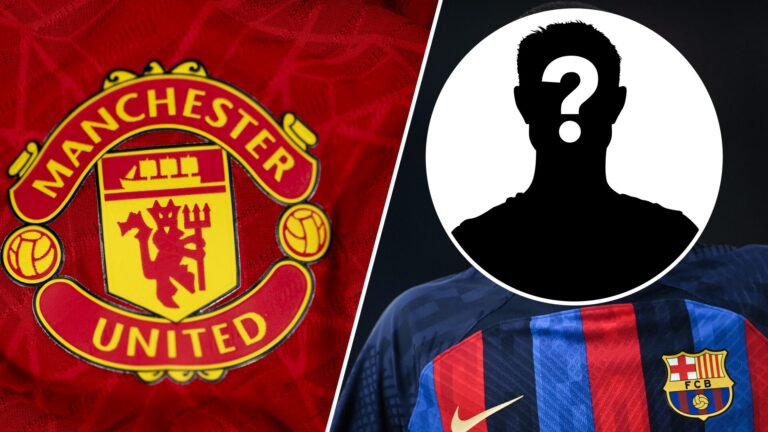 Ousmane Dembele with a mystery player inset alongside the Manchester United logo