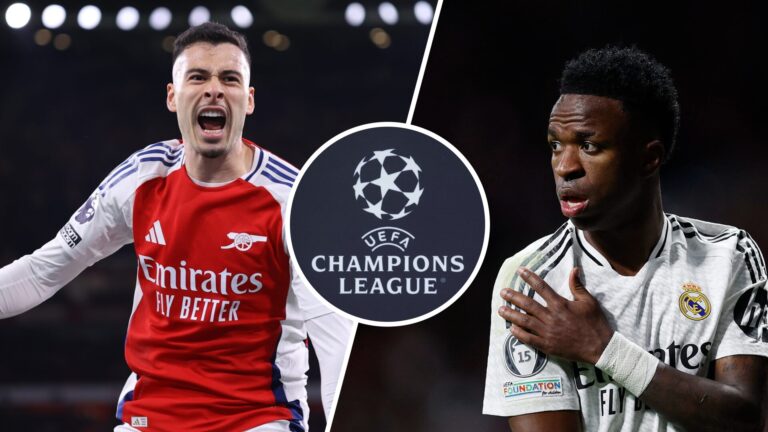 Gabriel Martinelli (left) celebrating for Arsenal, Vinicius Jr (right) in action for Real Madrid, Champions League logo (centre)