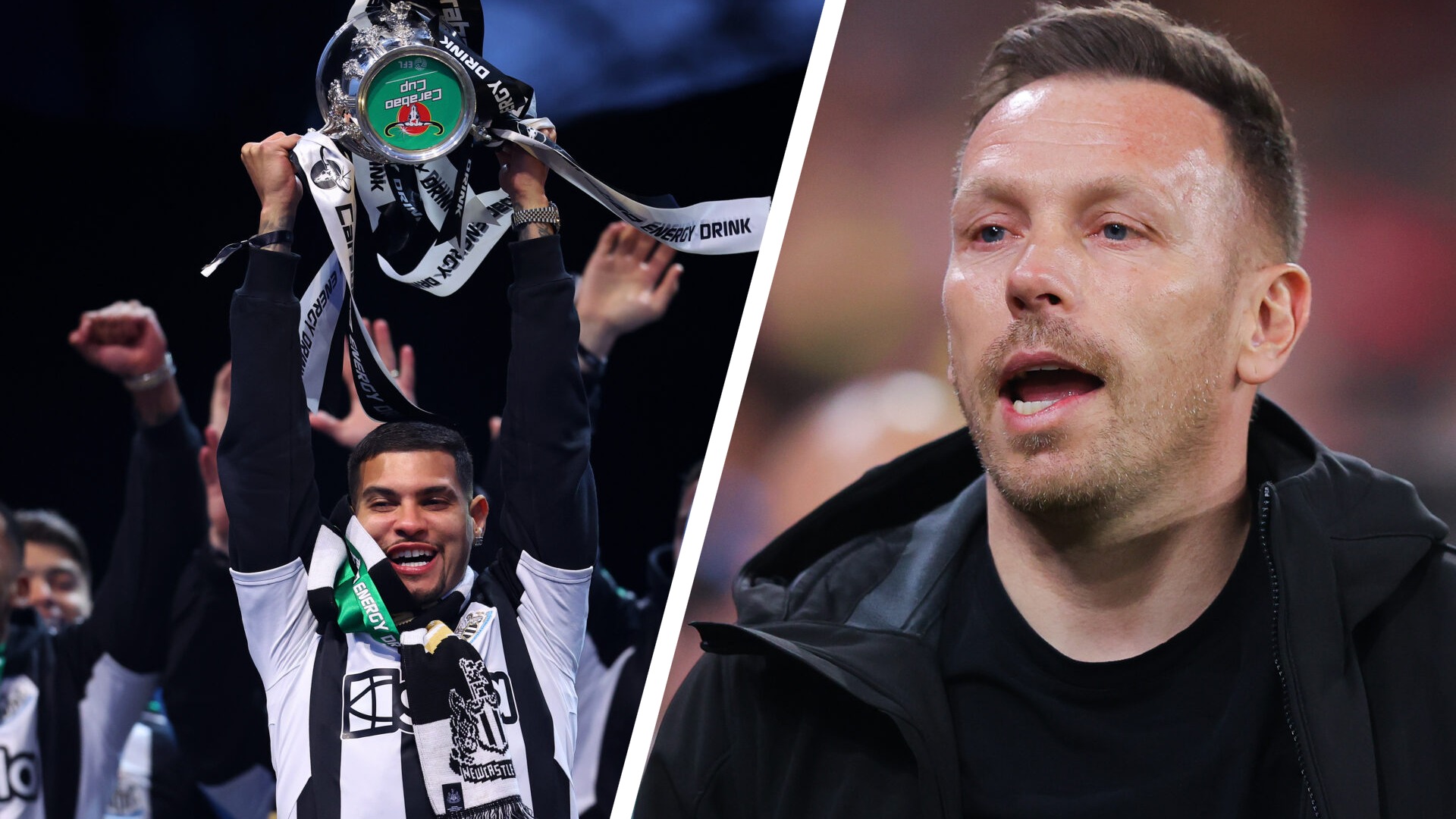 Craig Bellamy looks on for Wales whilst Bruno Guimaraes lifts the Carabao Cup for Newcastle United