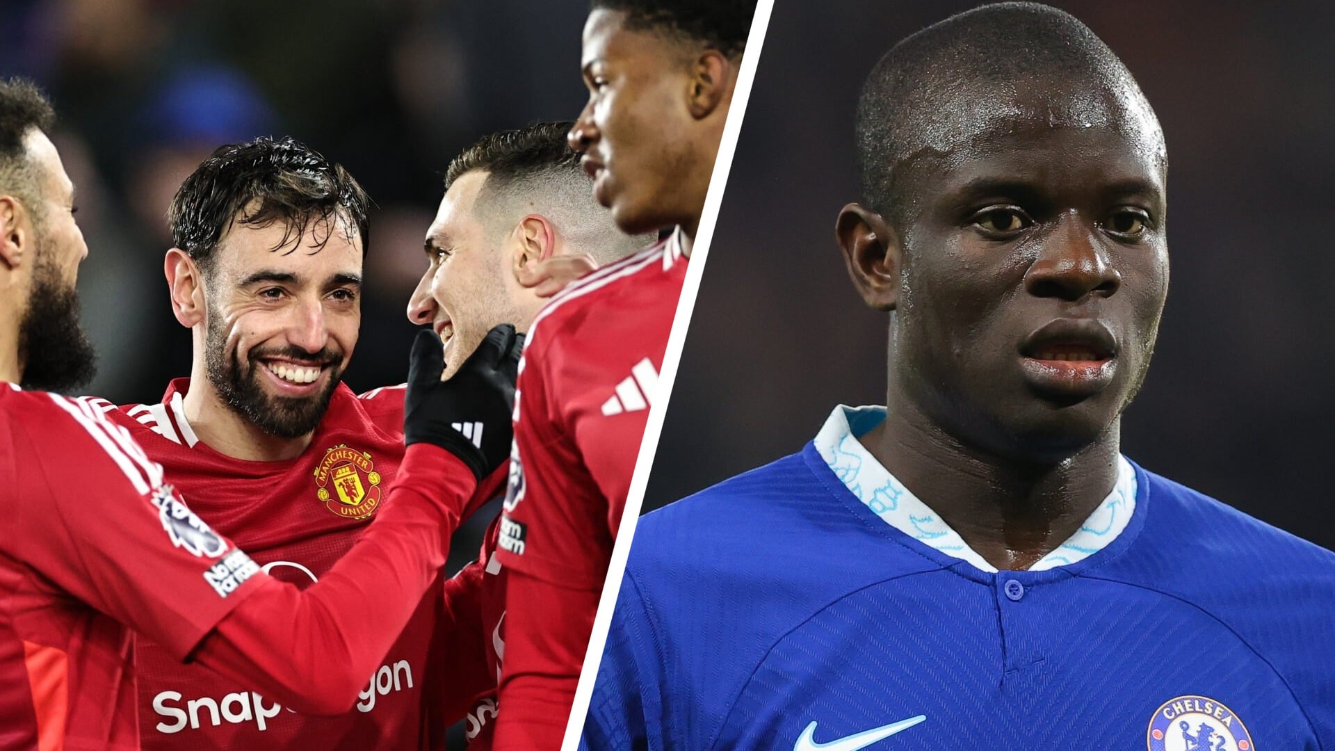 Bruno Fernandes and Manchester United celebrate (left), N'Golo Kante of Chelsea looks on