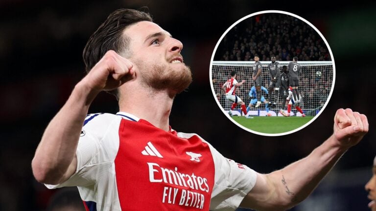 Declan Rice celebrates after scoring a free-kick for Arsenal in the Champions League