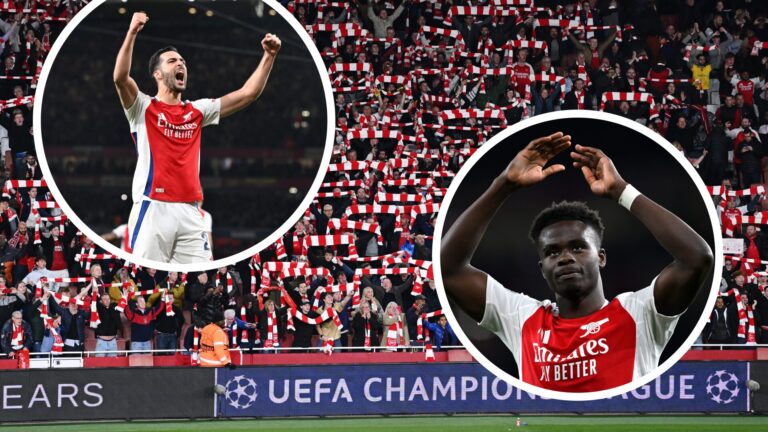 Bukayo Saka (right) and Mikel Merino (left) celebrate with Arsenal fans after Real Madrid win