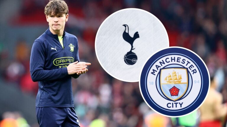 Tyler Dibling (left) warming up for Southampton. Spurs badge (right) and Man City badge (right)