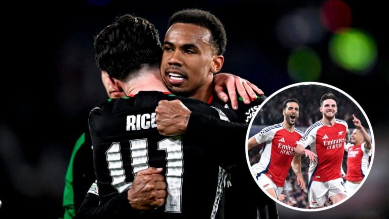 Declan Rice and Gabriel embrace each other for Arsenal (left), Rice and Mikel Merino celebrate in the Champions League (right)