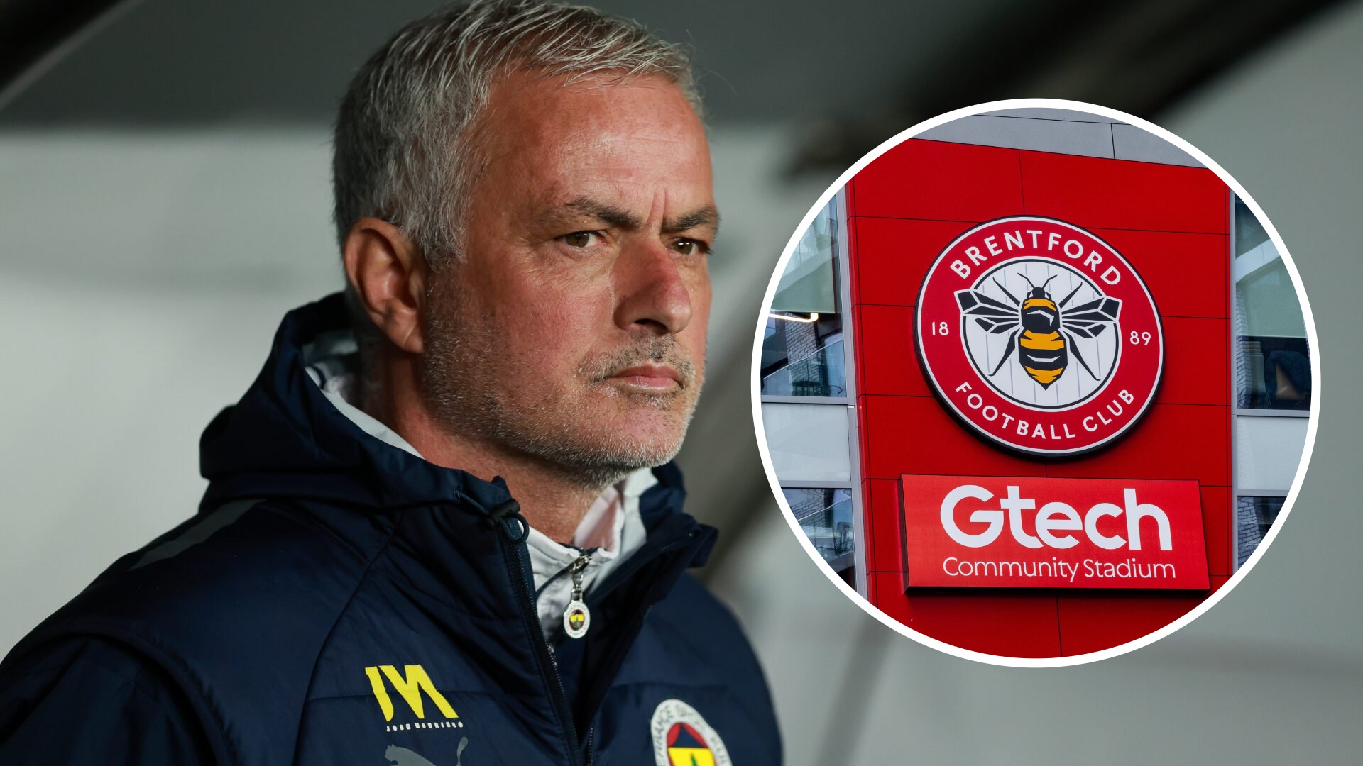 Jose Mourinho looks on (left) and Brentford FC stadium (right)