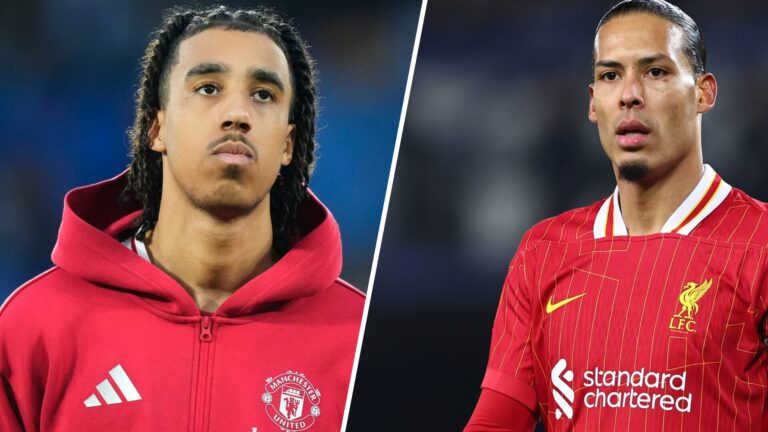 Split Image - Man United star Leny Yoro standing still before Real Sociedad match (left) Virgil van Dijk running in a Liverpool game against Everto...