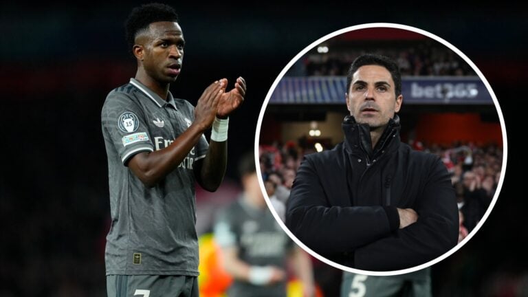Vinicius Junior (left) claps Real Madrid fans, Mikel Arteta (right) watches on