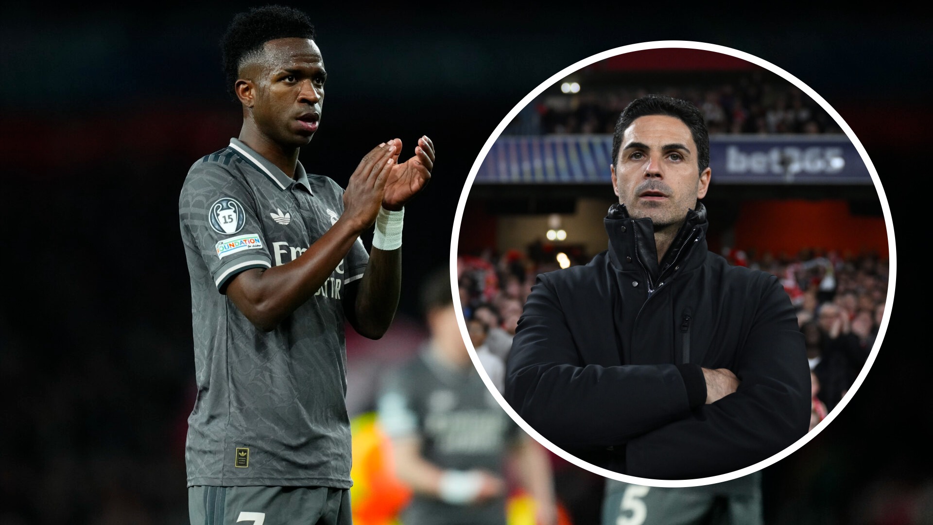 Vinicius Junior (left) claps Real Madrid fans, Mikel Arteta (right) watches on