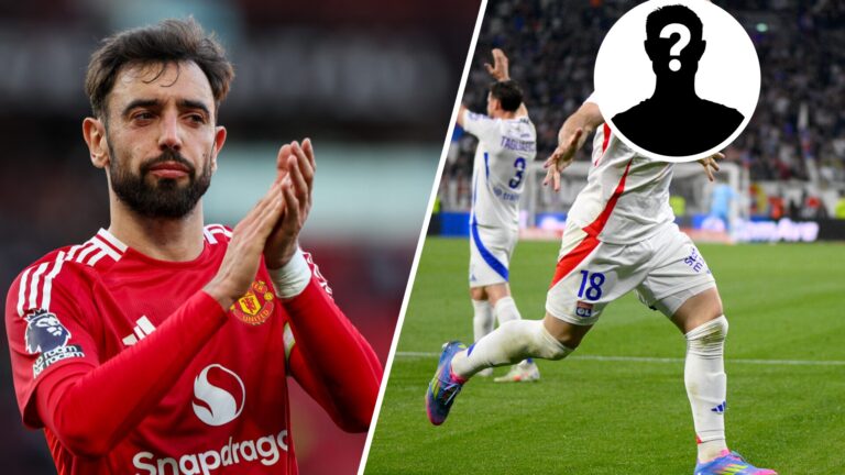 The left sided image shows Bruno Fernandes in United kit applauding, while on the right a player is pictured celebrating a goal in Lyon kit but the...