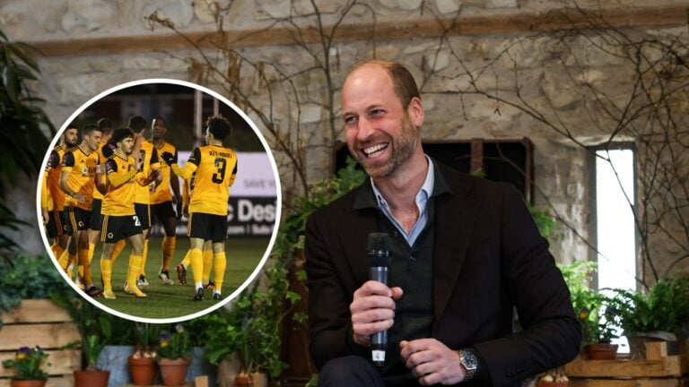 Wolves team (left) and Prince William smiling (right)