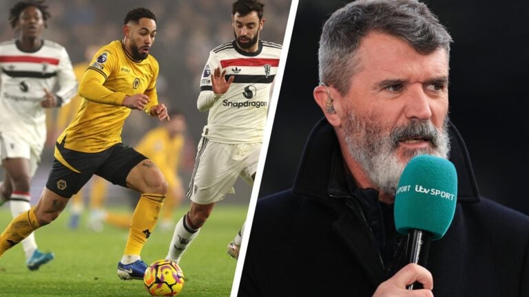 Matheus Cunha pictured dribbling for Wolves against Manchester United (left), Roy Keane looks on as he pundits for ITV (right)