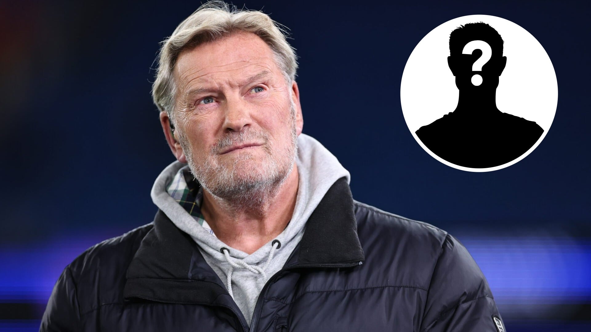 Glenn Hoddle staring whilst doing punditry during a Man City match (left) a mystery player inset (top right)