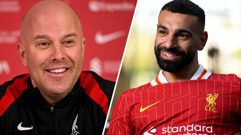 Split image - Arne Slot smiles during a press conference (left) Mohamed Salah smiling after signing a new contract (right)