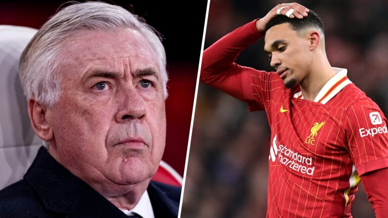 Split image - Carlo Ancelotti sitting on the bench at the Emirates Stadium (left) Trent Alexander-Arnold with his hand on his head after getting in...