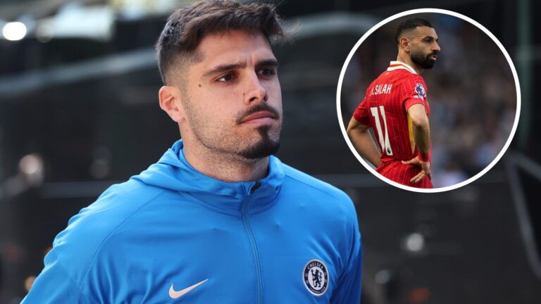 Pedro Neto looking focused after walking off the Chelsea team bus (left) inset of Mohamed Salah with his hands on his hips (right)